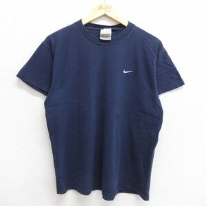 L/古着 ナイキ NIKE 半袖 ビンテージ Tシャツ メンズ 00s ワンポイントロゴ コットン クルーネック 紺 ネイビー 24jun01 中