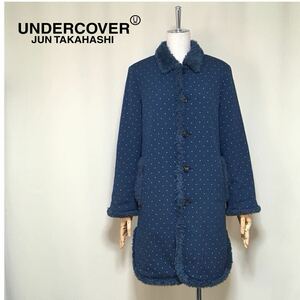 【UNDERCOVER】アンダーカバー 初期 03AW ペーパードール期 ドット柄 ボアコート ロングコート Mサイズ レディース ネイビー 