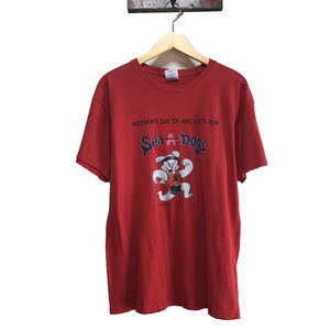 【980円スタート】USA 古着 半袖 Tシャツ アザラシ SeaDog マスコット 両面プリント コットン メンズM レッド 古着卸 BA0295