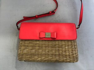 【KATE SPADE】ケイトスペード　ショルダーバッグ　ブラウン系×ネオンオレンジ　ラタン×レザー　SY02-GVK