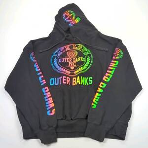 XL POPULAR APPAREL OUTER BANKS パーカー マフポケット 裏起毛 ロゴプリント ブラック 長袖 リユース ultrampa pa0493