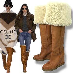 u1 人気 CELINE 2019 セリーヌ ボア付 ニーハイブーツ レザー キャメル ムートン 2way ロングブーツ ウェッジソール 37 イタリア製 正規品