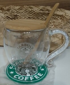 スターバックス STARBUCKS スタバ 耐熱 マグカップ グラス マグ 木製蓋 木製スプーン コースター付き 