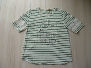 【ポンポネット】半袖Tシャツ　レース袖　緑ボーダー★160cm★