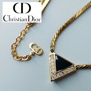 1円～ Christian Dior クリスチャンディオール ネックレス ラインストーン カラーストーン ゴールド チェーン ロゴ トライアングル