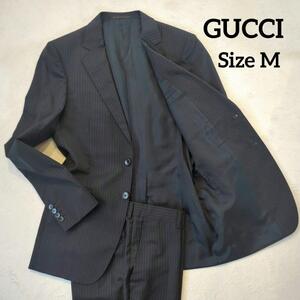 1円～ 美品 GUCCI グッチ セットアップ シングル スーツ ブラック ストライプ 46R M相当 ジャケット パンツ 2ｂ メンズ 黒タグ