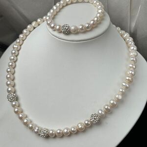 本真珠ネックレス＋本真珠ブレスレット　8mm 42cm 17cm パールネックレス Pearl necklace 無核パールネックレス