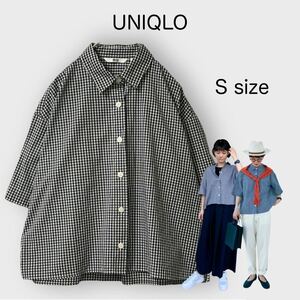 1372 UNIQLO＊ユニクロ コットンチェックシャツ オーバーサイズ 五分袖 大きめ S ネイビー 春夏 チェック柄 羽織り デイリーウェア