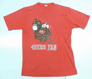 ★ 70S VINTAGE PEANUTS USA製 ARTEX 1971年コピーライツ NFL 49ERS FAN スヌーピー ウッドストック 半袖 Tシャツ Lサイズ 赤 レッド