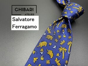 【美品】Salvatore Feragamo　フェラガモ　動物柄　ネクタイ　3本以上送料無料　ネイビー　0503059