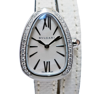 【栄】BVLGARI ブルガリ セルペンティ SPS27WSDL ホワイトシェル ダイヤモンド SS レザー クォーツ レディース 腕時計 女