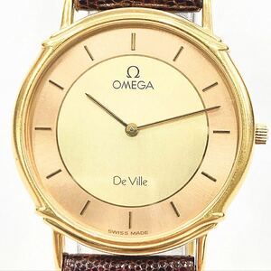 美品 OMEGA オメガ DeVille デビル Cal.1455 QZ メンズ腕時計 ゴールド文字盤 コンビ ラウンド 2針 クォーツ ベルト純正 20Ω刻印有り