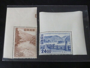 21EA　S　日本切手　1951年　観光地百選　記209-210J　宇治川　コーナー耳紙付　計2種　未使用NH・VF