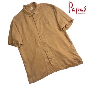 定価3.5万 極美品 Papas パパス 半袖リネンシャツ サイズM ブラウン 麻/リネン 100% 日本製 美シルエット ボックスシャツ 胸刺繍 A2548