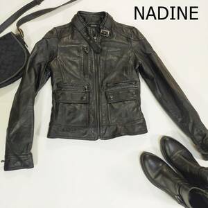 NADINE ナディーン レザージャケット サイズS ブラック 黒 イタリア製 シングルライダース 立ち襟 首ベルト 長袖 ポケット 3515
