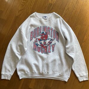 ビッグサイズ☆レッドデビル 90s USA製 Lee BURLINGTON HOCKEY スウェット XL 霜降りグレー ビンテージ 3段プリント セットインスリーブ