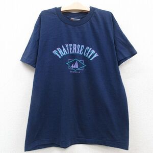 古着 ヘインズ 半袖 ビンテージ Tシャツ キッズ ボーイズ 子供服 90s TRAVERSECITY ヨット ミシガン クルーネック 紺 ネイビー 23jun02