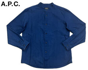 ★A.P.C. アーペーセー コットン ノーカラー インディゴ 長袖シャツ ブルー メンズ M