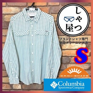 ME9-404★USA直輸入★防紫外線【Columbia】OMNI-SHADE リップストップ チェック 長袖 ナイロンシャツ【メンズ S】緑系 アウトドア US古着