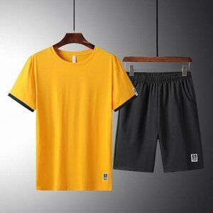 夏服 ルームウエア メンズ セットアップ 半袖 上下セット スポーツウェア 上下 半袖Tシャツ イエロー 3XL