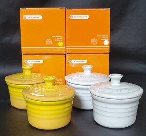 未使用 ル・クルーゼ Le Creuset ラムカンS フタ付き ホワイト2個&イエロー2個 計4個セット 箱付