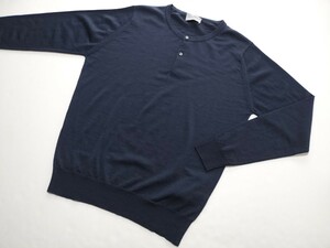 メンズ タイトなL ジョンスメドレー 最高級メリノウール ヘンリーネックニット BARTLEY MIDNIGHT ネイビー ★同梱不可