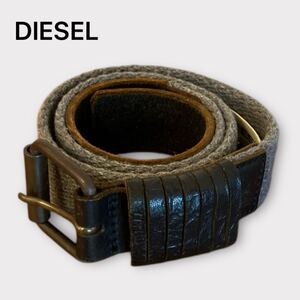 DIESEL ディーゼル ベルト レザー ファブリック ヴィンテージ加工 7連レザーループ ブレイブマンロゴ 希少品 ブラック グレー