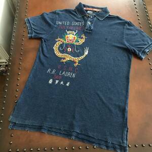  Polo by Ralph Lauren ポロ ラルフローレン CUSTOM FIT カスタムフィット 龍 ドラゴン 刺繍 インディゴ 藍染 半袖 ポロシャツ M 