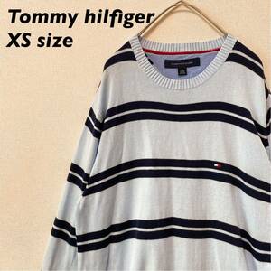 トミーヒルフィガー　ニット　セーター　ボーダー　刺繍ロゴ　男女兼用　水色　XSサイズ　Tommy hilfiger ユニセックス　コットンニット