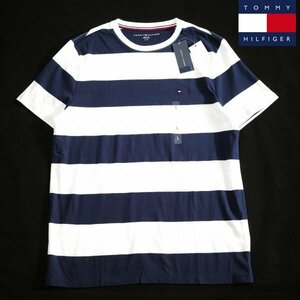 新品1円～★TOMMY HILFIGER トミー ヒルフィガー メンズ 半袖 ボーダークルーネックTシャツ L 白 ワンポイント ◆7421◆