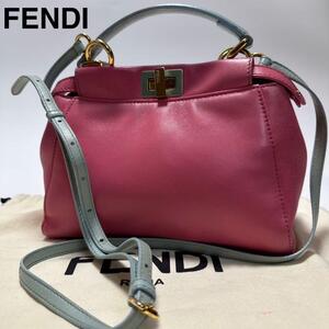 a81【美品】保存袋付　フェンディ　FENDI　ミニピーカブ　レザー　革　ピンク　2way ショルダーバッグ　ハンド　トート　8BN244