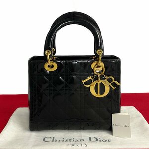 ほぼ未使用 袋付 Christian Dior ディオール カナージュ パテント レザー 本革 ハンドバッグ ミニ トートバッグ ブラック 1mna206-1