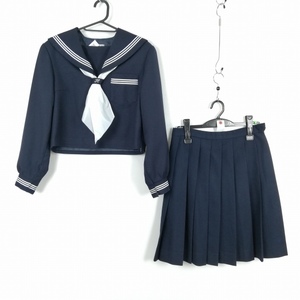 1円 セーラー服 スカート スカーフ 上下3点セット 冬物 白3本線 女子 学生服 中学 高校 紺 制服 中古 ランクC EY8251