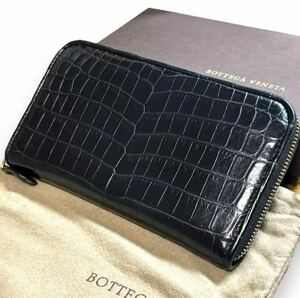 1円～【希少】BOTTEGA VENETA ボッテガヴェネタ リアルクロコダイル 長財布 ラウンドファスナー ブラック 本革 財布 黒 ブラック