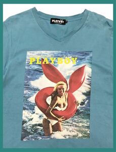 1416◆HYSTERIC GLAMOUR×PLAYBOY ヒステリックグラマー×プレイボーイ◆ビッグロゴ ガール フォトプリント 半袖 Tシャツ ブルー M