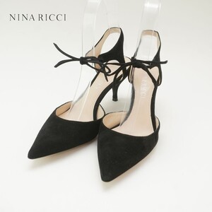 美品 NINA RICCI ニナリッチ 35 22.5 パンプス イタリア製 ヒール ポインテッドトゥ リボン スエード 黒 ブラック/RC67