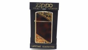 ●ジャンク 動作未確認 ZIPPO SLIM ジッポ スリム べっ甲柄 マーブル ブラウン 模様 オイルライター