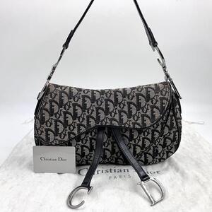 1円〜 【美品】 Christian Dior 2405 クリスチャンディオール トロッター サドルバッグ ダブル ハンドバッグ ショルダーバッグ ネイビー 