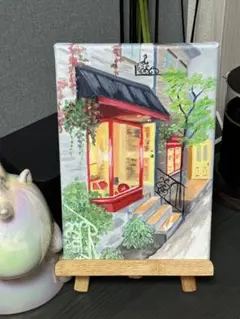 「商店街」　手描き　油絵　油彩画　風景画　原画