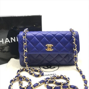 良品 CHANEL シャネル レディース ミニ マトラッセ ココマーク ラムスキン ターンロック チェーン ショルダー バッグ ブルー a4252