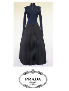 ☆【即決送料無料】PRADAプラダロゴニット切替プリーツロングワンピース40S☆