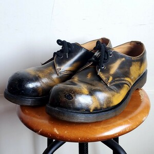 914◆英国製 ドクターマーチン Dr.Martens スチールトゥ 3ホールシューズ UK9/28㎝位 黒×黄色 ジャンク品 中古 USED