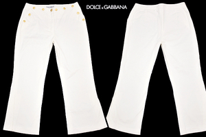 K-4308★送料無料★DOLCE＆GABBANA ドルチェアンドガッバーナ★正規品 イタリア製 金ボタン 白 裾スリット ワイド フレアー パンツ 42