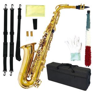 668 アルトサックス 初心者セット E Saxophone ゴールドラッカー ケース付き 彫刻入り 初心者入門セット 日本語説明書付