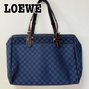 極美品 LOEWE ロエベ アナグラム リピート キャンバス レザー トートバッグ ビジネスバッグ ハンドバッグ A4収納可能 ブルー系 リピート柄