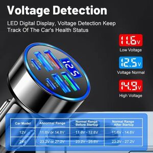 急速充電 電圧計付き 6ポート TYPE-C×2 3.1A×2 QC3.0 ブラック カーチャージャー シガーソケット シガーライター 充電ソケット 充電器 1