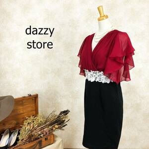 デイジーストア dazzy store ドレス レッド ブラック シフォン ひざ丈 胸パッド有 ストレッチ カシュクール フリルスリーブ B-478