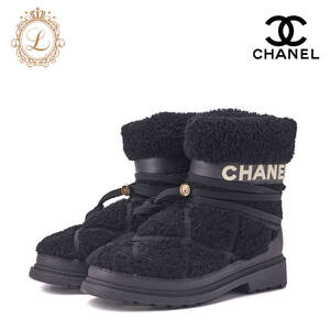 【返品可】CHANEL シャネル ロゴマーク ムートン スノー ブーツ 23cm ブラック 靴 ブーツ シューズ アパレル