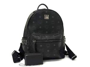 1円 ■美品■ MCM エムシーエム ヴィセトス柄 モノグラム レザー スタッズ リュックサック デイパック バックパック ブラック系 FB7878