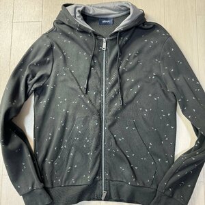 未使用並/L-XL相当★アルマーニ/ARMANI JEANS イーグルプリント 総柄 ダブルジップ パーカー フーデットジャケット ツートン メンズ グレー